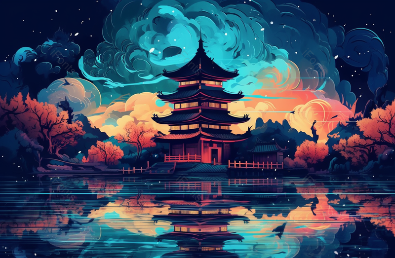 中国风山水凉亭亭台楼阁夜空下宁静的湖面倒映楼阁插画,插画/手绘图,插画/手绘图库,插画/手绘图下载,插画/手绘